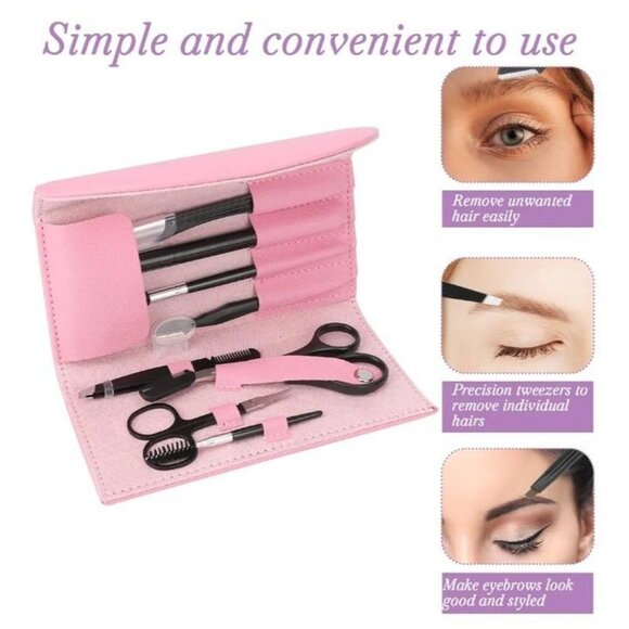 Professional Eyebrow Shaping Kit 8-Pc Set w Pink Leather Bag, Razor, Scissors - Picture 4 of 7